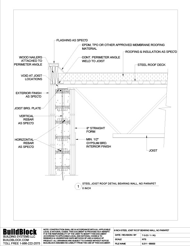 6.011 BB800 8 inch Steel Joist Roof, Bearing Wall with no Parapet (DWG) BuildBlock