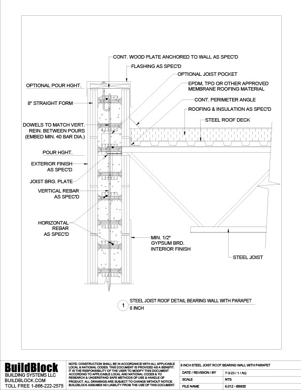 6.012 BB800 8 inch Steel Joist Roof, Bearing Wall with Parapet (DWG
